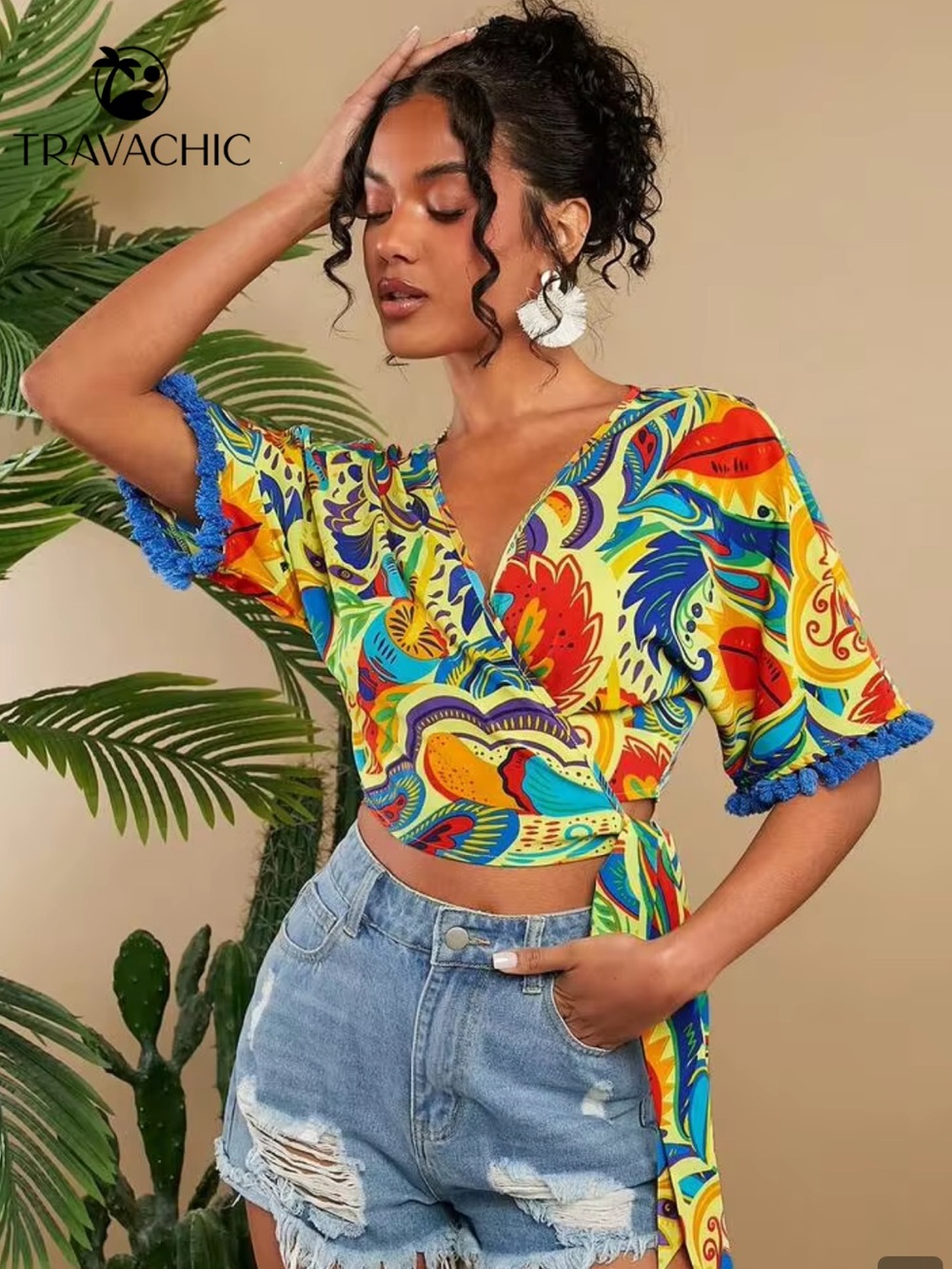 Bright Tropical Resort Sidetie Multicolor Wrap Crop Top XL